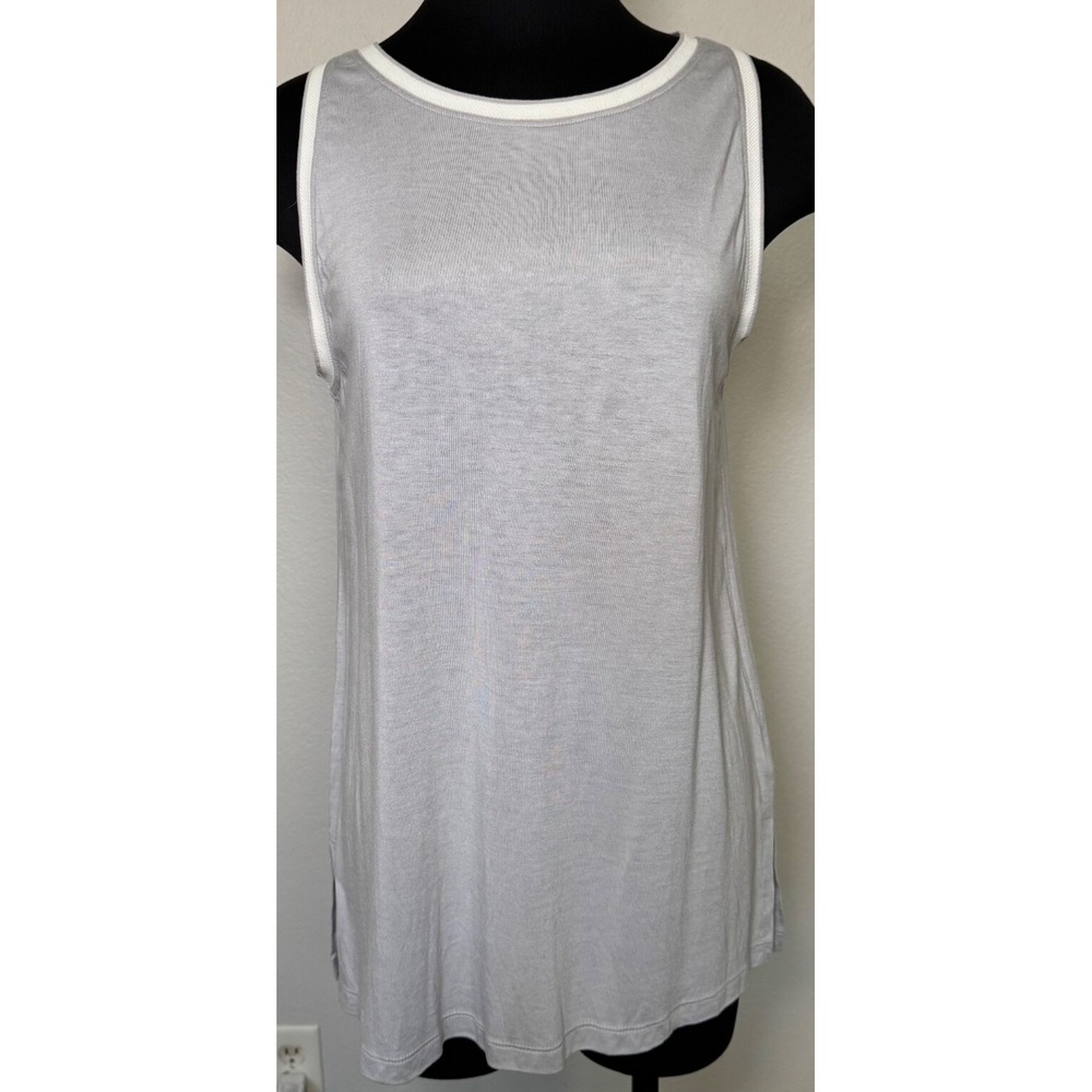 Banana Republic HiNeck Shirt Sleeveless Light Gray Tunic White Trim Viscose‎